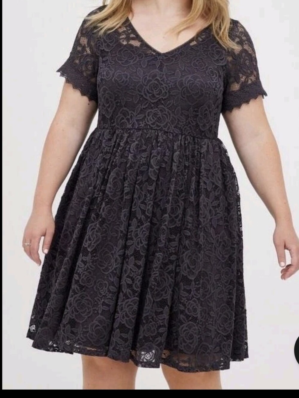 Torrid Plus Size Black La9ce V-Neck Short Sleeve Mini Skater Illusion Dress